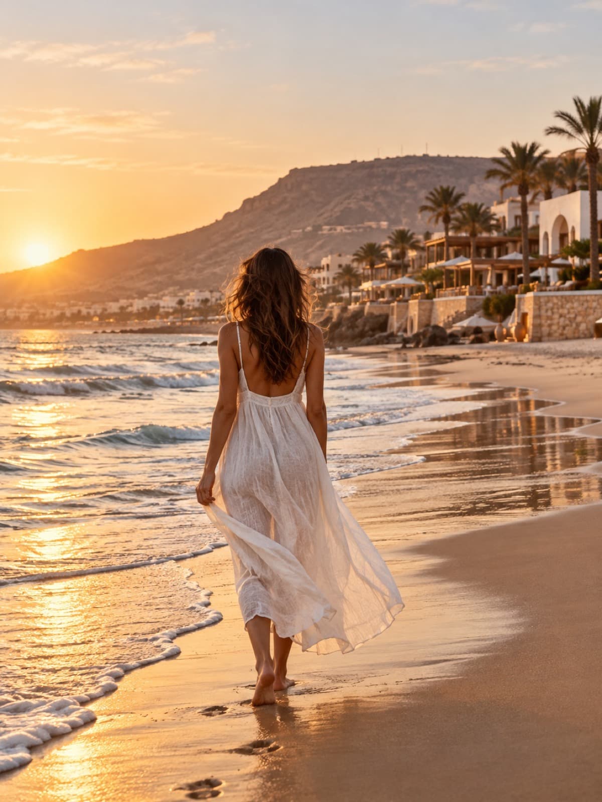 Walking along the shoreline at sunrise