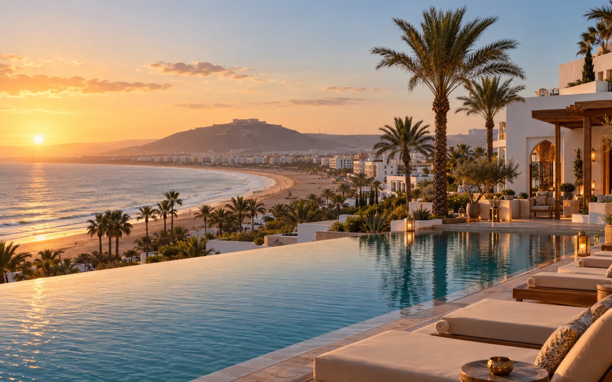 The Hotel infinity pool over Agadir bay at sunset
